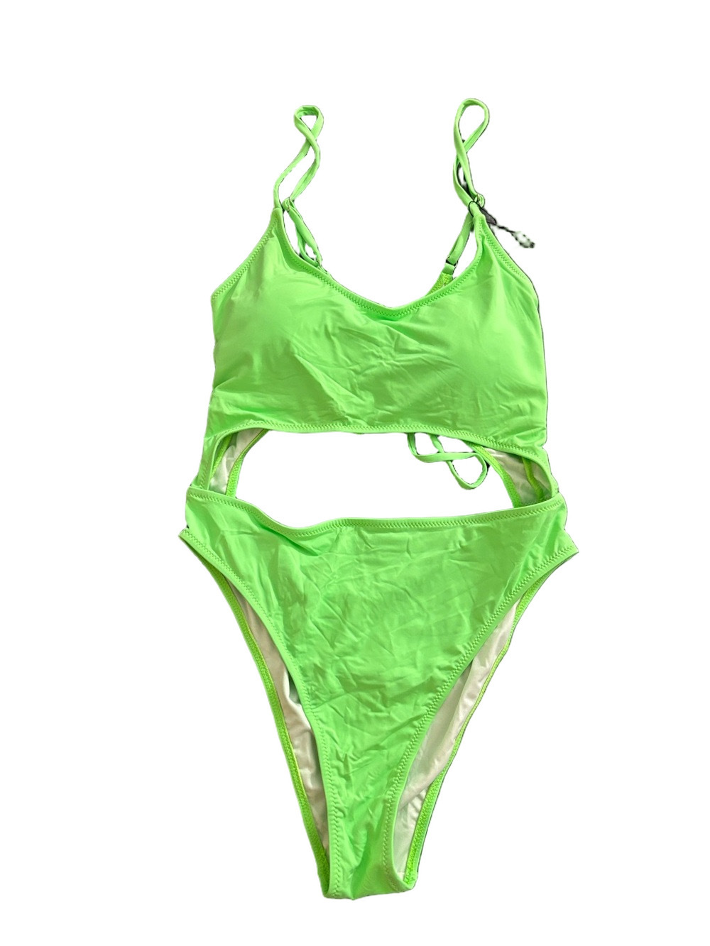 Meyeeka Neon Green Cutout One Piece Swimsuit Lace Up Back NWT Women’s L